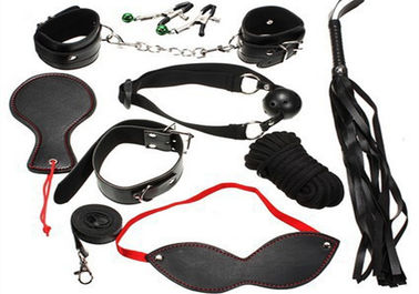 Black Sex Toys 8 Pieces Sets , Sex Fetish Good Blindfold Silk Tie Whip For Couples